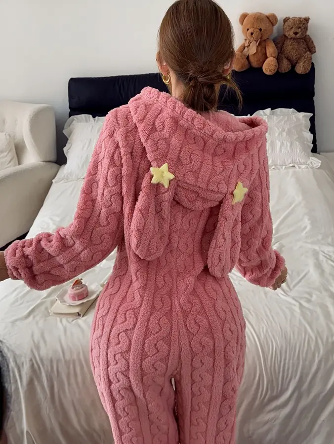 Teddy Uzun Kulaklı Yıldız Detaylı Peluş Tulum · Pembe