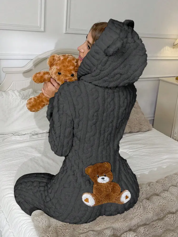 Teddy Ayıcık Nakışlı Kapüşonlu Peluş Tulum · Gri