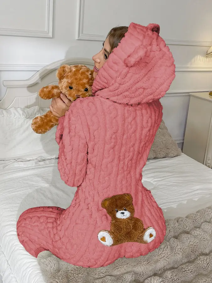 Teddy Ayıcık Nakışlı Kapüşonlu Peluş Tulum · Pembe