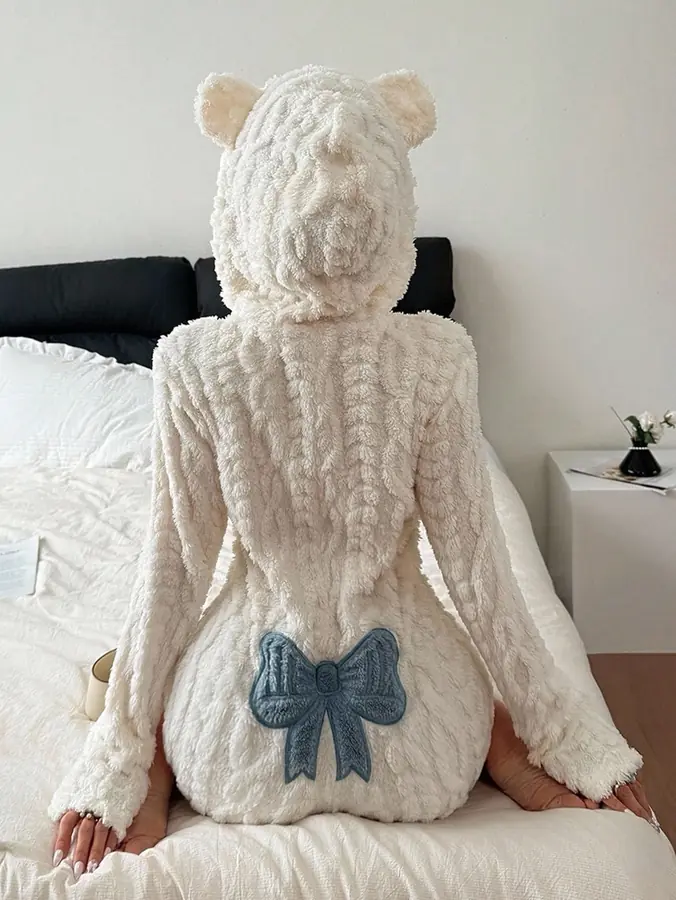 Teddy Kulaklı Kapüşon & Fiyonk Kadife Peluş Tulum · Kayısı
