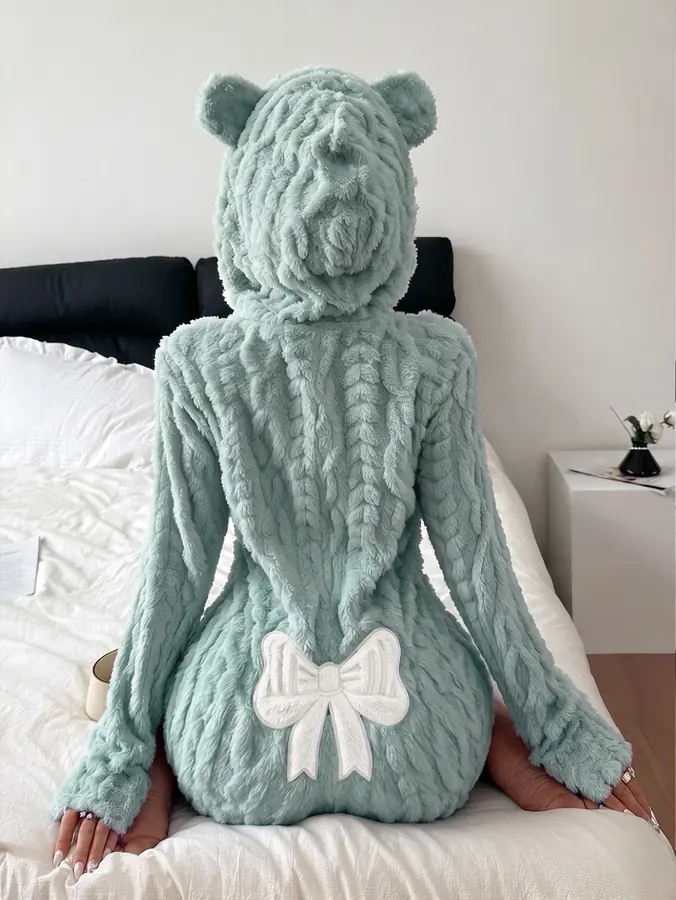 Teddy Kulaklı Kapüşon & Fiyonk Kadife Peluş Tulum · Mavi