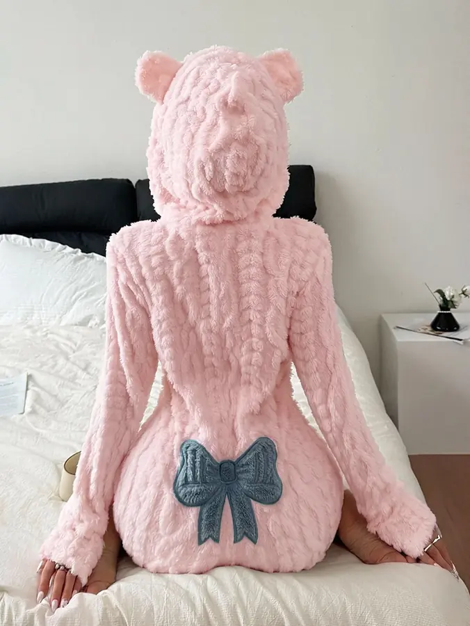 Teddy Kulaklı Kapüşon & Fiyonk Kadife Peluş Tulum · Pembe