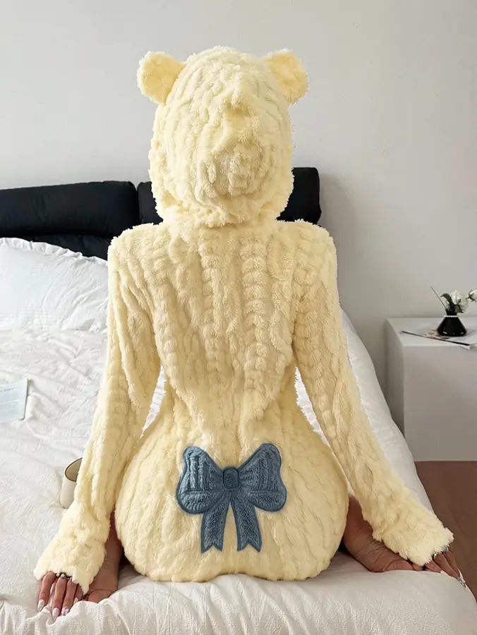 Teddy Kulaklı Kapüşon & Fiyonk Kadife Peluş Tulum · Sarı