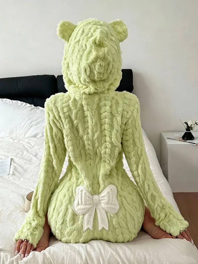 Teddy Kulaklı Kapüşon & Fiyonk Kadife Peluş Tulum · Yeşil